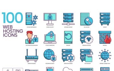 100 Web Hosting Icons - Turquoise Series Set