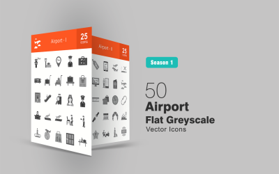 50 flaches Graustufen-Icon-Set für Flughäfen