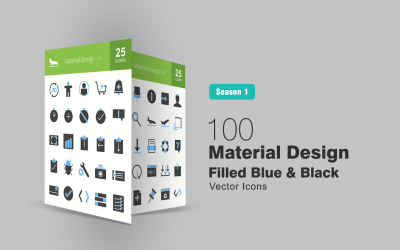 100 anyag design kitöltött kék és fekete ikon készlet