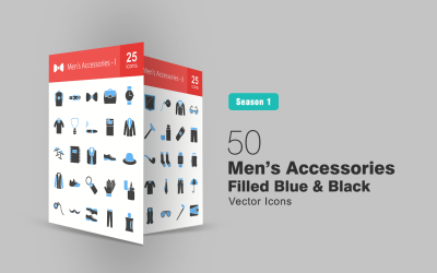 Conjunto de iconos de 50 accesorios para hombres llenos de color azul y negro