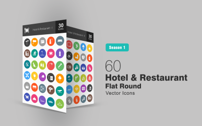 60 Hotel &amp;amp; Restaurant Flat Round Icon Set