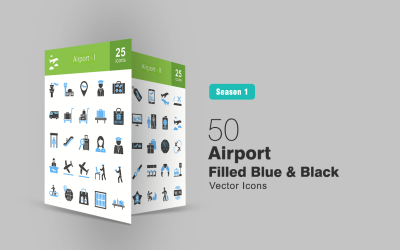 50 Airport Filled Blue &amp; Black Icon Set