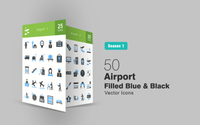 Conjunto de ícones 50 azul e preto cheios de aeroporto