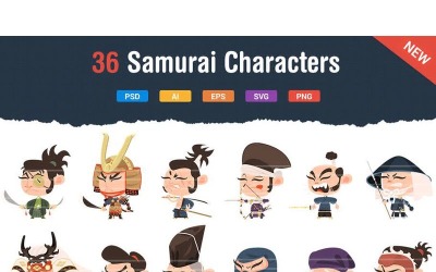 Conjunto de ícones de 36 personagens de samurai