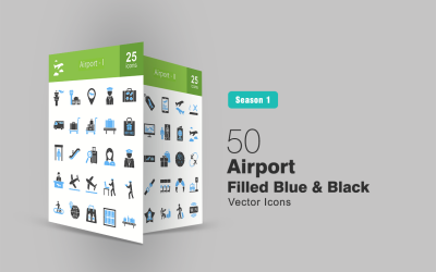50 Flughafengefülltes blau-schwarzes Icon-Set