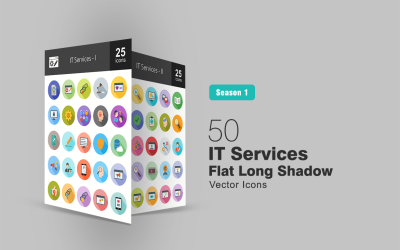 50 iconos planos de sombra larga de servicios de TI