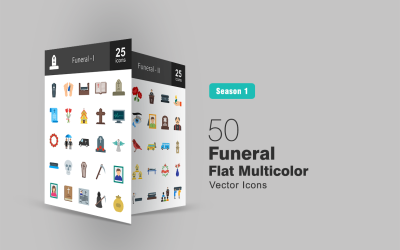 50 iconos planos multicolores funerarios