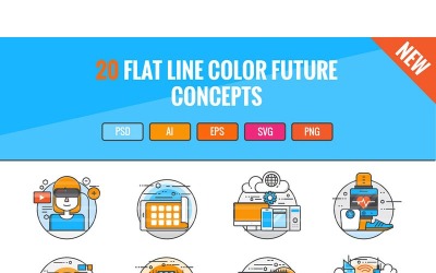 20 lapos színes vonal jövőbeli fogalmak ikon készlet