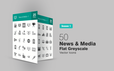50 News &amp; Media Flat Greyscale Icon Set