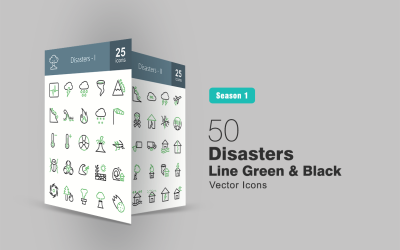 50 Disasters Line Green &amp; Black Icon Set