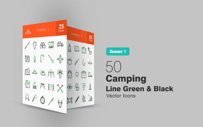 Zestaw ikon 50 Camping Line Green &amp;amp; Black