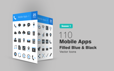 110 Aplicativos móveis preenchidos com conjunto de ícones azuis e pretos
