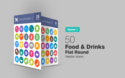 Conjunto de ícones redondos planos de 50 alimentos e bebidas