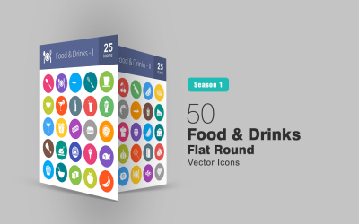 Ensemble d&amp;#39;icônes rondes plates de 50 aliments et boissons