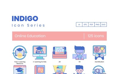 125 ícones de educação online - conjunto série Indigo