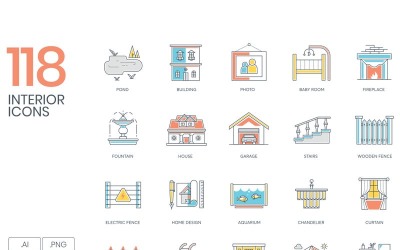 118 interiérových ikon - řada barevných linek
