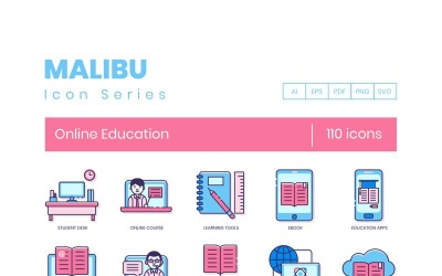 110 pictogrammen voor online onderwijs - reeks Malibu