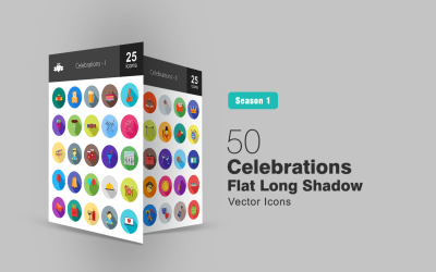 50 uroczystości płaski długi cień zestaw ikon