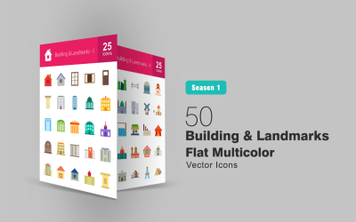 50 Buildings &amp; Landmarks Flat Multicolor Icon Set