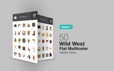 Conjunto de ícones 50 Wild West Flat Multicolor