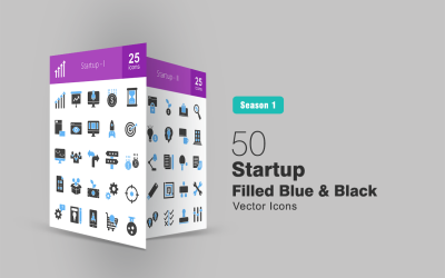 50 Startup Filled Blue &amp;amp; Black Icon Set