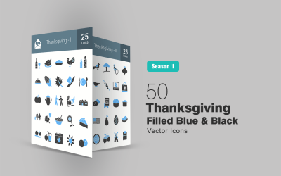 Conjunto de ícones 50 azuis e pretos cheios de ação de graças