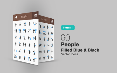 Conjunto de ícones azuis e pretos com 60 pessoas