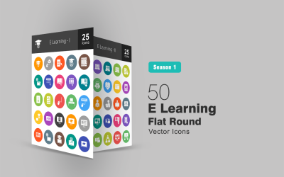 50 E tanulás lapos kerek ikon készlet