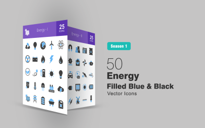 50 energie gevulde blauwe en zwarte pictogramserie