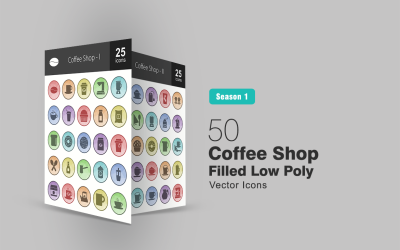 50 Kahve Dükkanı Dolu Düşük Poli Icon Set