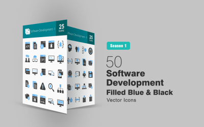 Набор из 50 синих и черных иконок для разработки программного обеспечения