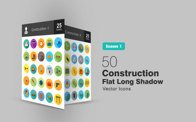 50 Set di icone piatte lunga ombra di costruzione