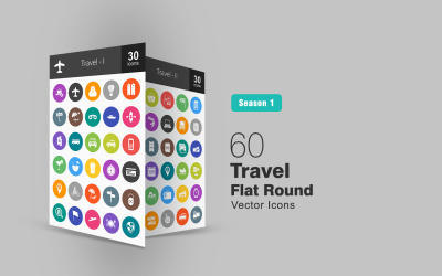 60 set di icone rotonde piatte da viaggio