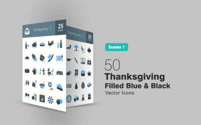 50 Thanksgiving Filled Blue &amp;amp; Black Ikonuppsättning