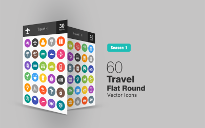 60 utazási lapos kerek ikon készlet