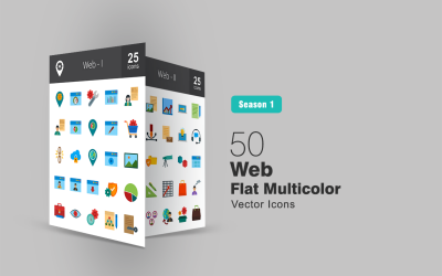 50 Web Düz Mullticolor Simge Seti