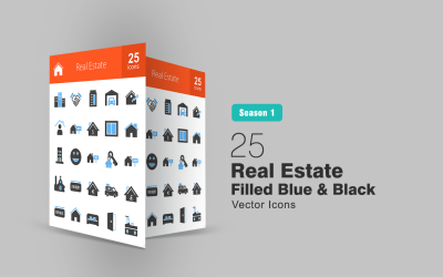 26 Conjunto de iconos azul y negro llenos de bienes raíces