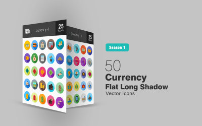 Conjunto de ícones de sombra longa plana de 50 moedas