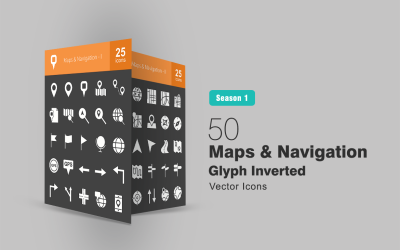 50 Mapy i nawigacja Glif odwrócony zestaw ikon