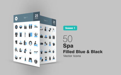 Набор из 50 синих и черных иконок, заполненных спа
