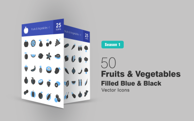 50 gyümölcs és zöldség töltött kék és fekete ikon készlet