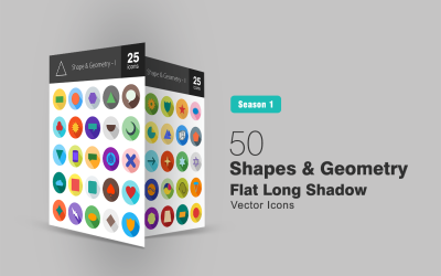 50 alakzatok és geometria lapos hosszú árnyék ikon készlet