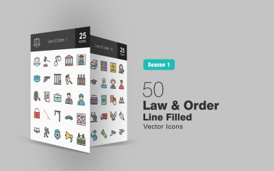 Conjunto de ícones de 50 linhas preenchidas de lei e ordem