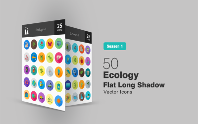 50 ecología plana larga sombra conjunto de iconos