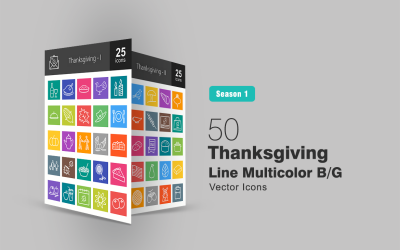 50 Thanksgiving Line Multicolor B / G Ikonuppsättning