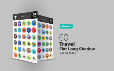 60 viajes plana larga sombra conjunto de iconos