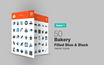 50 bakkerij gevuld blauw en zwart pictogramserie