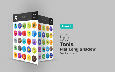 Conjunto de ícones de 50 ferramentas de longa sombra plana