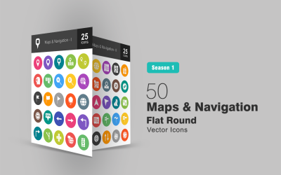 50 kaarten en navigatie platte ronde pictogramserie