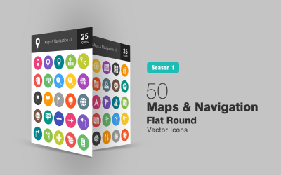 50 Maps &amp; Navigation Flat Round Icon Set